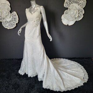 NWT~$1599~DA VINCI~SZ 2~IVORY EMBELLISHED LACE FIT & FLARE WEDDING DRESS GOWN